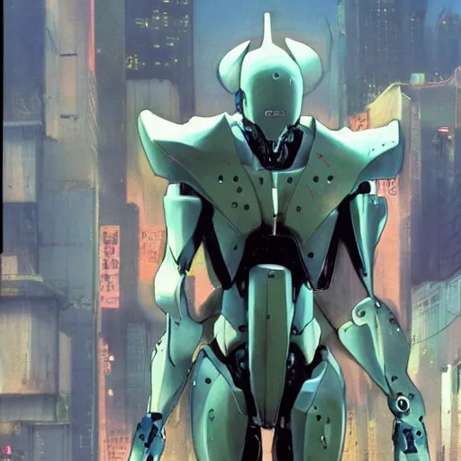 Prompt: 2 0 1 9 anime screenshot of a sleek, slender, human - scale mecha suit defending the city streets, designed by hideaki anno, drawn by tsutomu nihei, and painted by zdzislaw beksinski