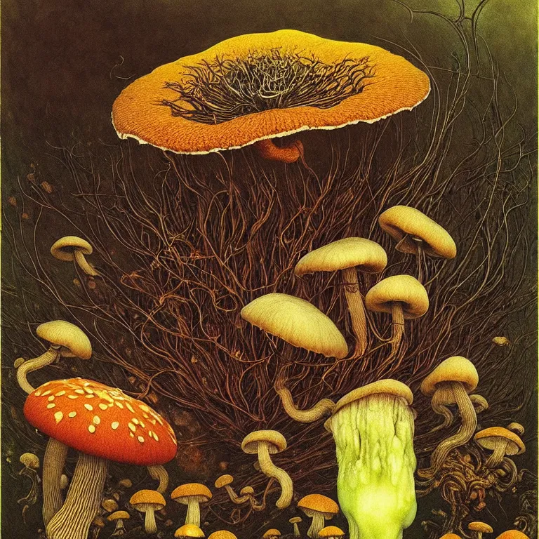 Image similar to Kombucha, tea mushroom, tea fungus, Manchurian mushroom fly in cosmos. Extremely high details, realistic, fantasy art, solo, masterpiece. Art by Zdzisław Beksiński, Arthur Rackham, Dariusz Zawadzki