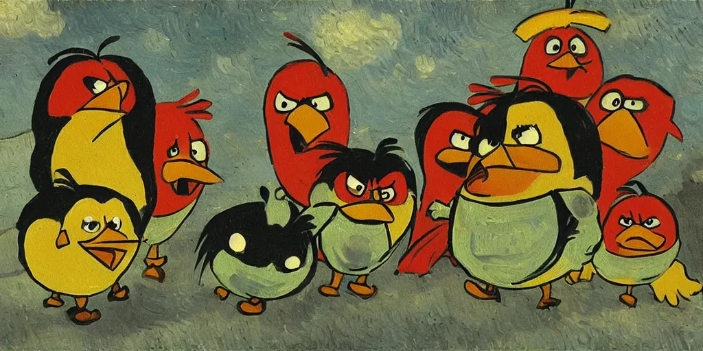 Image similar to An oil painting of the angry birds, by Van Gogh