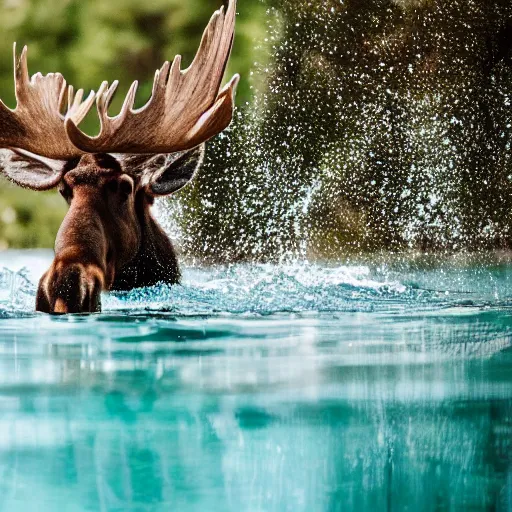 Prompt: photo of a moose at a swimming pool, people, 50mm, beautiful photo