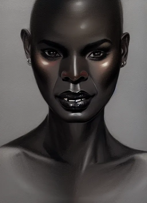 Prompt: portrait of a dark skinned woman with a crooked nose and a confident expression, 1 9 6 0 s, black clothes, goth, punk, funk, intricate, elegant, highly detailed, digital painting, artstation, concept art, smooth, sharp focus, illustration, art by wlop, mars ravelo and greg rutkowski