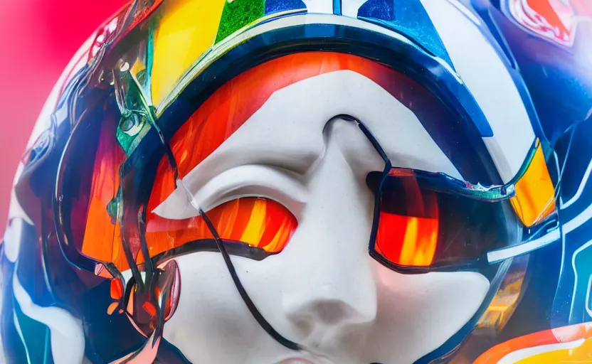 Image similar to beautifully lit extreme close up photo of a white marble statue of an anime girl with colorful motocross logos and motorcycle helmet with closed visor, colorful smoke in the background, carved marble statue, fine art, neon genesis evangelion, virgil abloh, offwhite, denoise, highly detailed, 8 k, hyperreal