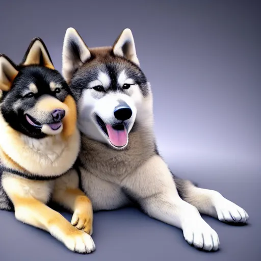 Prompt: a hyperdetailed photograph of a shiba inu hugging a husky malamute in a bright room, hd, 8 k resolution