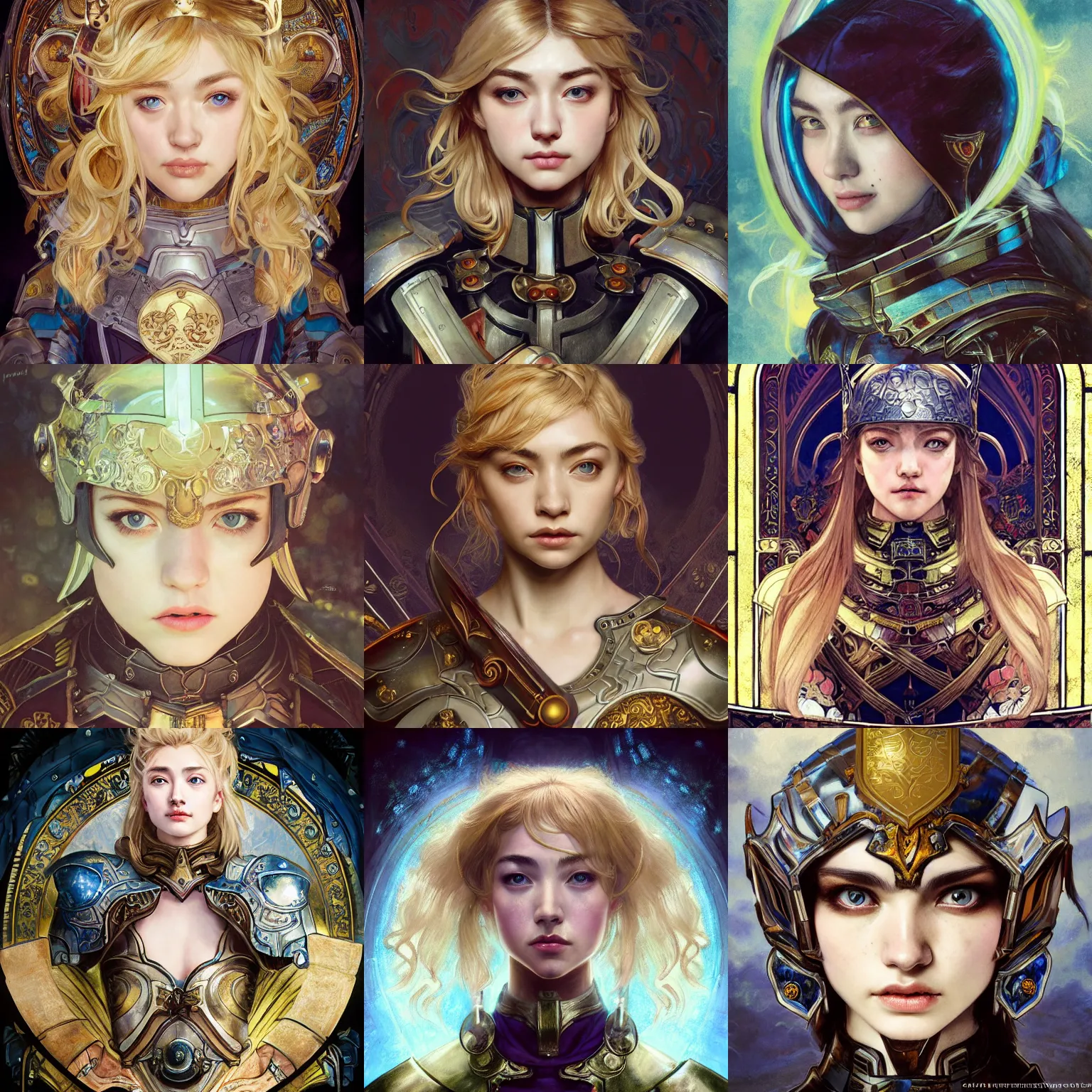 Prompt: masterpiece head-on symmetrical centered painted portrait, Imogen Poots as a paladin, D&D theme, blonde hair, glorious, wearing full metal armour, glowing stained glass backdrop, elegant, in the style of Ruan Jia and Artgerm and Edgar Maxence and Ross Tran and Alphonse Mucha and Ayami Kojima and Charlie Bowater and Greg Rutkowski and Karol Bak and Jean Delville, Art Nouveau, Pre-Raphaelite, Neo-Gothic, gothic, Art Nouveau, rich deep moody colors