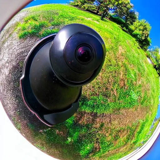 Image similar to fisheye view of dinosaur stealing packages, ring doorbell view