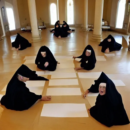 Image similar to award winning photo of nuns playing twister in a sanctuary —width 1024 —height 1024