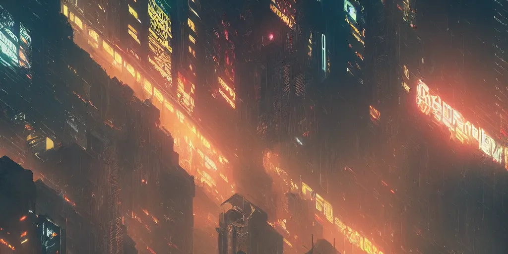 Image similar to a painting of a cinematic keyframe of a cyberpunk dystopian city, blade runner like seen from above, cenital shot, by greg rutkowski, rule of thirds, golden ratio, ambient lighting, wlop, artgerm, artstation, highly detailed masterpiece, dark fantasy art, high detail, trending on artstation