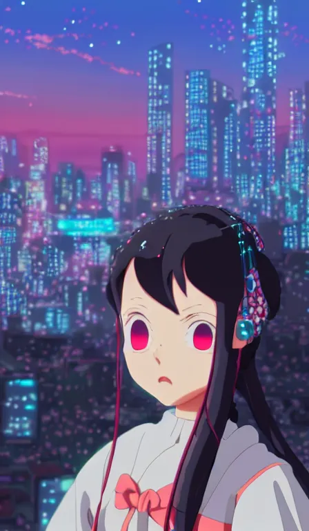 Prompt: anime fine details portrait of Nezuko in front of cyberpunk moder city landscape on the background deep bokeh, close-up view, anime masterpiece by Studio Ghibli. 8k, sharp high quality anime, artstation