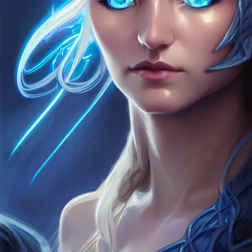 Prompt: half elf sorceress casting a blue spell, D&D, blue eyes, blonde hair, fantasy, intricate, elegant, highly detailed, digital painting, artstation, concept art, smooth, sharp focus, illustration, art by artgerm and greg rutkowski and alphonse mucha