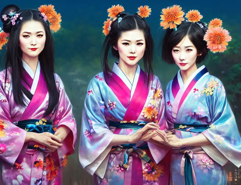 Image similar to two beautiful fashion taiwan girls wear fantasy yukata in festival | | big eyes, sunny, dreamlike art, realistic shaded, smile, good looking, fine details, 4 k realistic, cryengine, realistic shaded lighting poster by greg rutkowski, magali villeneuve, artgerm, jeremy lipkin and michael garmash and rob rey