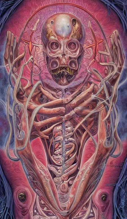 Image similar to a biomorphic painting of the hierophant tarot card! a anatomical medical illustration by nychos and alex grey, cgsociety, neo - figurative, pastel blues and pinks, detailed painting, rococo, oil on canvas, lovecraftian