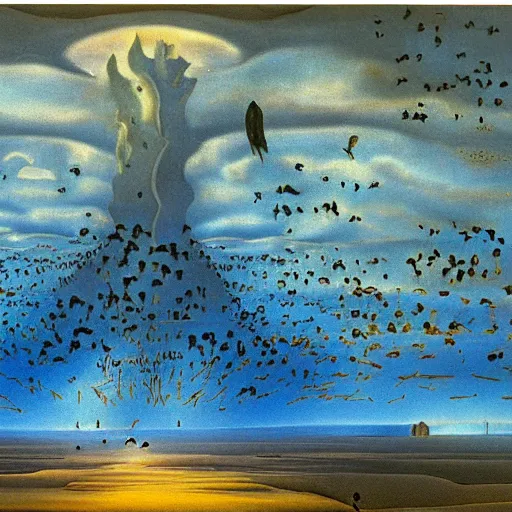 Image similar to an endless city. birds fly overhead. murmuration, it goes in forever, dreamscape masterpiece. salvador dali, highly detailed. barlowe. 8 k.