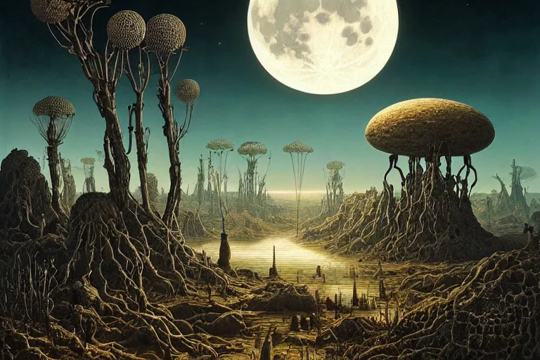 Prompt: a surreal and awe - inspiring science fiction landscape, full moon like skull, intricate, elegant, highly detailed matte painting by ernst haeckel and simon stalenhag