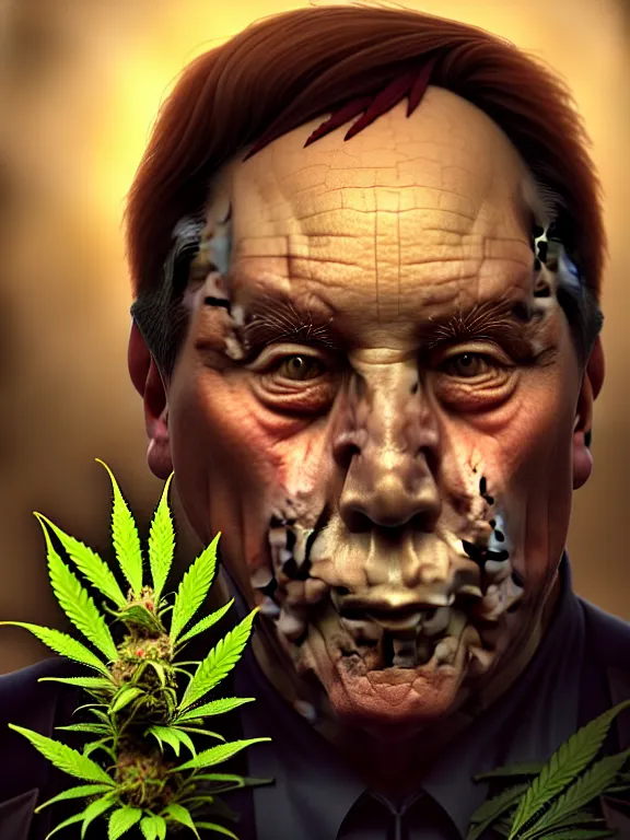 Image similar to a portrait of a cannabis devil premier francois legault illustrated by miyazaki by karol bak, james jean, tom bagshaw, rococo, sharp focus, trending on artstation, cinematic lighting, hyper realism, octane render, 8 k, hyper detailed, vivid, ultra detailed, highly detailed