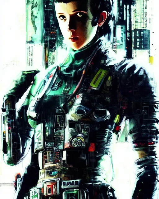 Image similar to epic portrait of cyberpunk millie bobby brown by yoji shinkawa