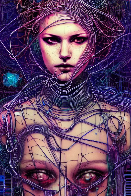 Image similar to dreamy cyberpunk girl, abstract wire clothes, digital nodes, beautiful woman, detailed acrylic, grunge, intricate complexity, by dan mumford and by katsuya terada, peter lindbergh