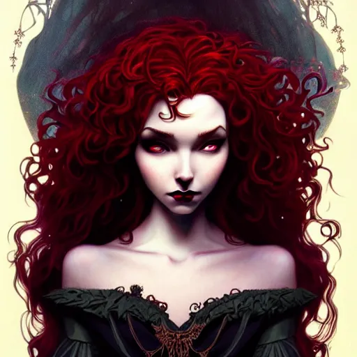 Prompt: a dark gothic version of Princess Merida, face, fantasy, intricate, elegant, highly detailed, digital painting, artstation, concept art, smooth, sharp focus, illustration, art by Cynthia Shephard and Fernanda Suarez and Artem Demura and alphonse mucha