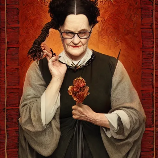 Prompt: mrs doubtfire as a witch, d & d, fantasy, intricate, elegant, highly detailed, digital painting, artstation, concept art, matte, sharp focus, illustration, art by greg rutkowski and alphonse mucha