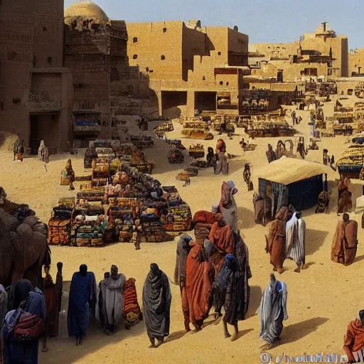 Prompt: a busy bazaar in ancient timbuktu on a sunny day, camels, merchants, high detail, painting by beksinski and ted nasmith