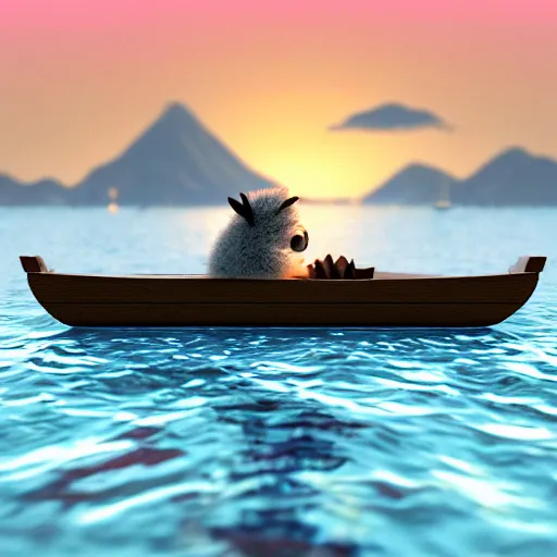 Prompt: a close - up image of a baby dog on a small wooden boat in the sea near a small island at sunrise, ghibli studio, pixar and disney style, concept art, octane render, unreal engine 5, trending on artstation, high quality, highly detailed, colorful, anatomically correct, anime style, beautiful, path traced, cute