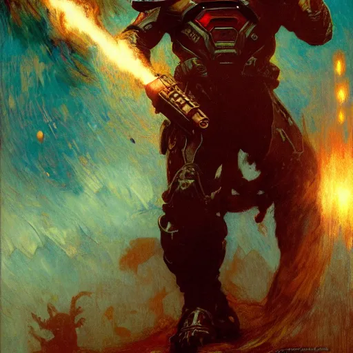 Prompt: Leonardo Dicaprio Doom Slayer, by gaston bussiere, craig mullins, Simon Bisley