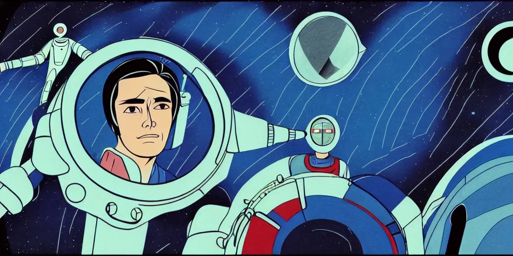 Image similar to traditional drawn colorful animation a symmetrical portrait of lonely single Alain Delon alone from 1960 60s pilot in spacesuit posing in spaceship station planet captain bridge outer worlds robots extraterrestrial hyper contrast well drawn in Jean Henri Gaston Giraud animation film The Masters of Time FANTASTIC PLANET La planète sauvage animation by René Laloux