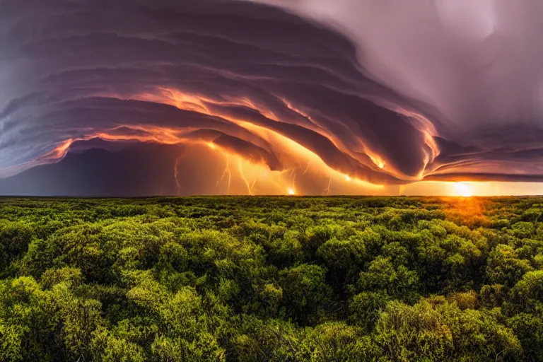 Image similar to a photo of a supercell thunderstorm, serene environment, illuminated from various angles by the setting sun, cinematic