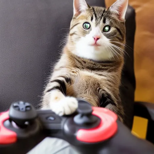 Prompt: a cute cat playing video games while sitting on a couch