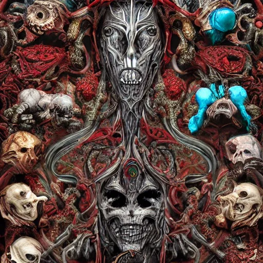 Image similar to the seven deadly sins, horror art, grotesque, zbrush art, majestic, silver filigree, colorful, dark fantasy, celtic knot, anatomical, h r giger style, frank frazetta, ornate, art nouveau, symmetrical, turquoise jewelry, red smoke insanely detailed and intricate, hypermaximalist, elegant, ornate, hyper realistic, super detailed