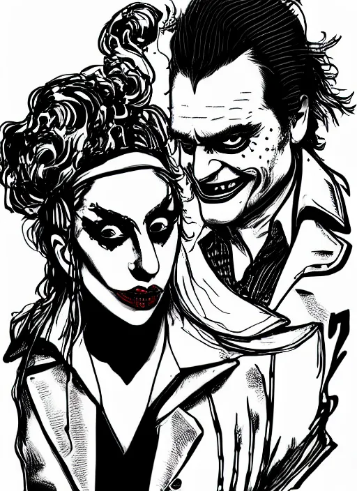 Image similar to lady gaga harley queen and joaquin phoenix joker by mimmo rottela