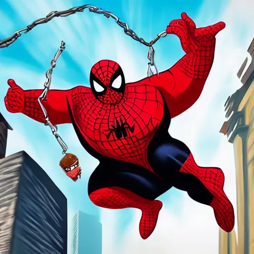 Image similar to morbidly obese spiderman, swinging through the city, fighting the demon of stress eating