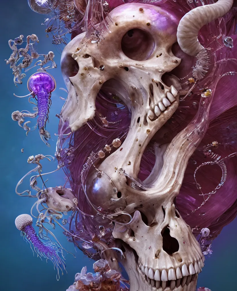 Image similar to goddess close-up portrait ram skull, thorax, x-ray, backbone, jellyfish phoenix head, nautilus, orchid, skull, betta fish, bioluminiscent creatures, intricate artwork by Tooth Wu and wlop and beeple. octane render, trending on artstation, greg rutkowski very coherent symmetrical artwork. cinematic, hyper realism, high detail, octane render, 8k