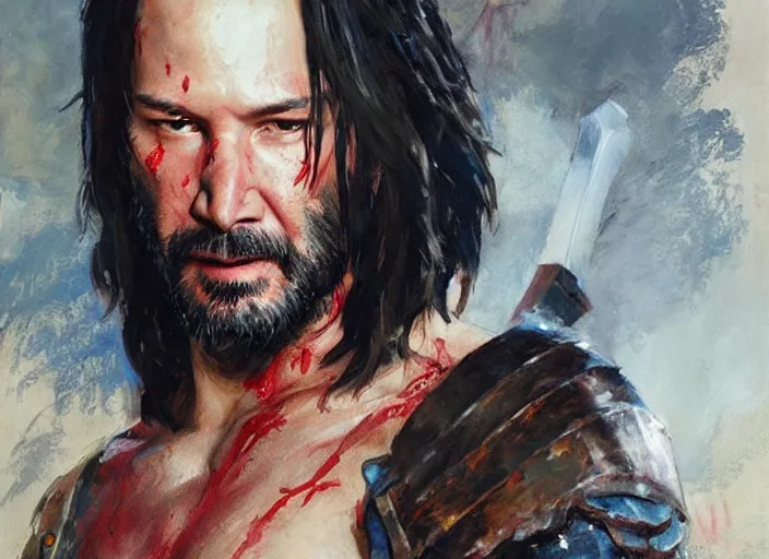 Image similar to a highly detailed beautiful portrait of keanu reeves as kratos, by gregory manchess, james gurney, james jean