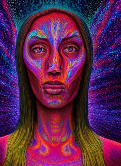 Image similar to portrait ultra dimensional woman, accidentally tripping on dmt and acid, psychedelic experience, overwhelming psychosis of self realization and burning awakening, ultra high definition, unreal engine 5, hyperrealism, masterpiece composition, by casey weldon, barclay shaw