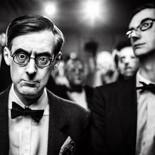 Image similar to hyperrealistic photography of jacob rees-mogg lost and confused in a rave with michael gove, wide angle, 28mm, dramatic disco lighting