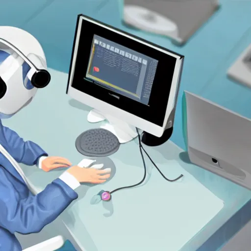 Image similar to An anthropomorphic grey dolphin in a white lab-coat playing games on a computer, digital painting, close-up, wearing a headset