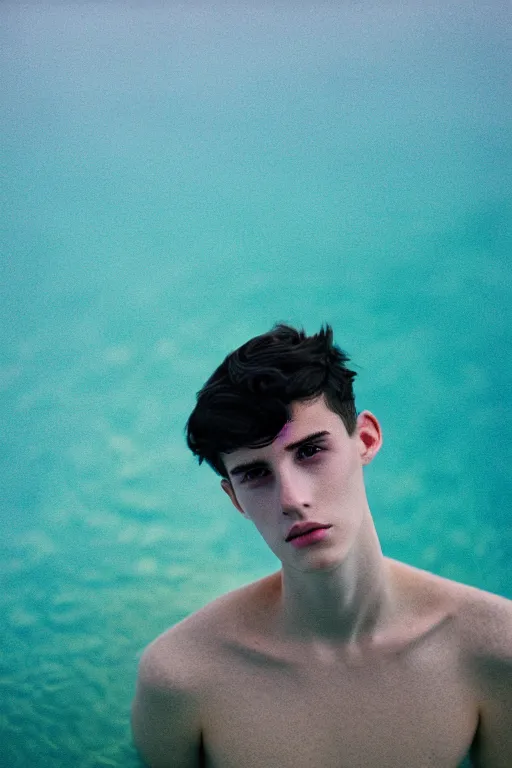 Image similar to high quality pastel coloured film mid angle docu photograph of a beautiful young 2 0 year old male, soft features, short black hair, clothed, in icelandic black rock pool environment. atmospheric. three point light. photographic. art directed. ( pastel colours ). volumetric light. clearcoat. waves glitch. 8 k. filmic.