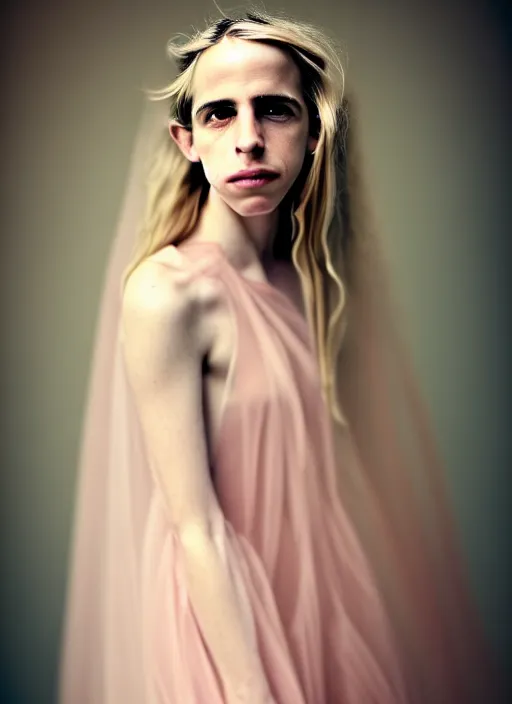 Image similar to portrait photography of a beautiful woman, in fine art photography style of Giovanni Gastel , brit marling style 3/4 , natural color skin pointed in rose, the hair is like stormy clouds, full body dressed with a ethereal transparent voile dress, elegrant, 8K, soft focus, melanchonic soft light, volumetric dramatic lighting, highly detailed Realistic, hyper Refined, Highly Detailed, natural point rose', outdoor soft lighting, soft dramatic lighting colors scheme, soft blur lighting, fine art fashion photography