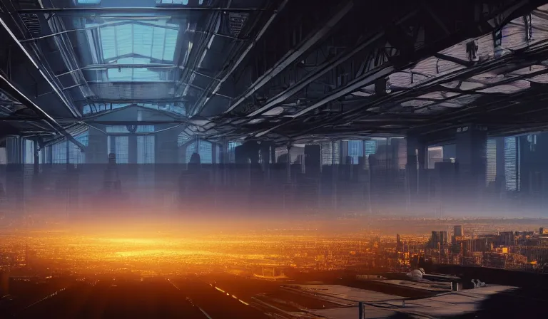 Image similar to large group of people in walled warehouse, looking at hologram of futuristic city on a table, cinematic concept art, godrays, golden hour, natural sunlight, 4 k, clear details, tabletop model buildings, center model buildings, hologram center, crane shot, crane shot, crane shot