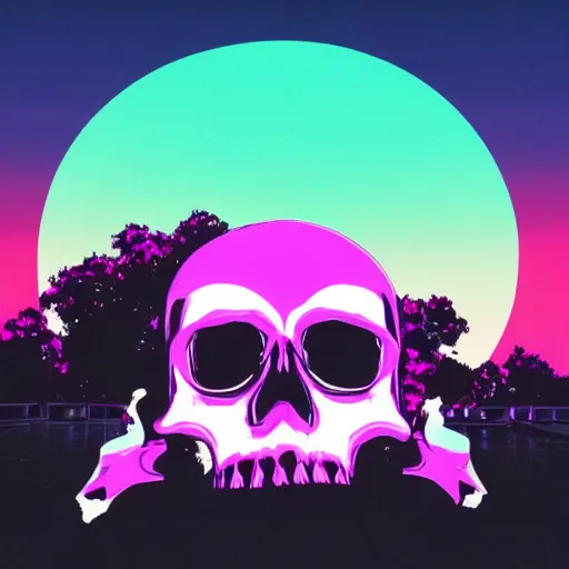 Image similar to white skull hovering over a pink ocean witha a purple sky, synthwave vaporwave