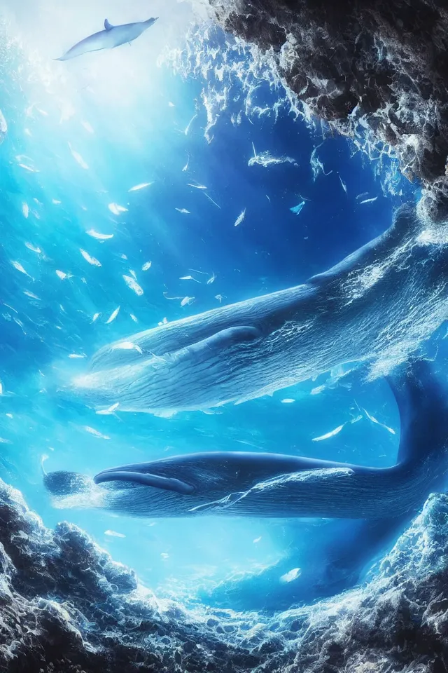 Image similar to under the blue ocean there is a blue whale in the water, the blue whale crystal texture, the dreamy crystal atmosphere ， super wide angle ， matte painting ， rtx on ， trending on cgsociety and artstation, volumetric light ， hyper - realism