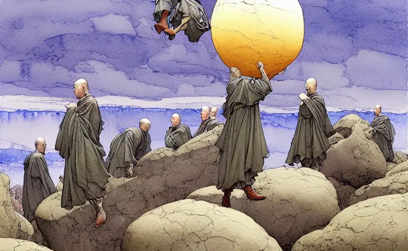 Prompt: a hyperrealist watercolour concept art of a group of grey monks levitating a huge rock in the air over their head. a large flat rock is in the sky. by rebecca guay, michael kaluta, charles vess and jean moebius giraud. high detail, hq, wide shot