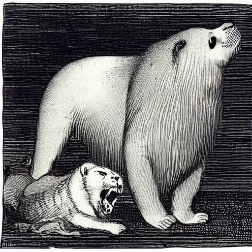 Prompt: “a large baby harp seal eating a lion, engraving from 1750s”