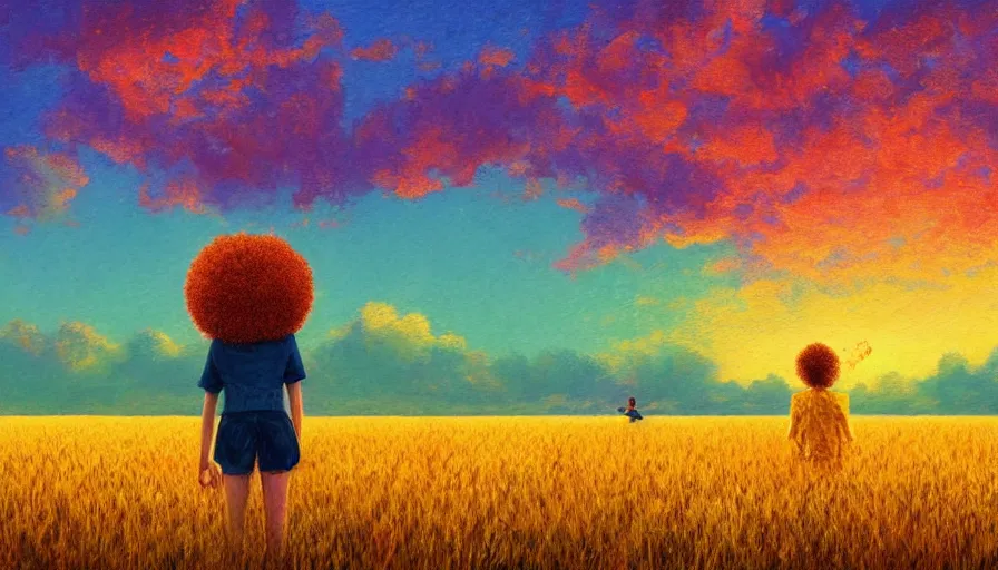 Prompt: daisy afro head, full body, girl watching sunset, empty wheat field, surreal photography, colorful clouds, tree, impressionist painting, colorful clouds, digital painting, pointillism, artstation, simon stalenhag