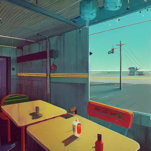 Image similar to inside diner at the beach by simon stalenhag