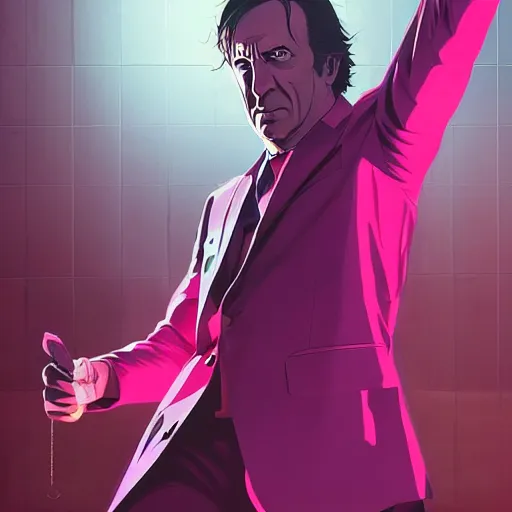 Prompt: Thomas Jane, illustration of Saul Goodman wearing a pink suit defending his client in a courtroom, art by Ilya Kuvshinov, highly detailed, anime key visual, neon glow, epic landscape, HD digital art, artstation