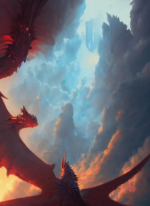 Image similar to detailed bahamut from final fantasy, art by greg rutkowski, loish, rhads, ferdinand knab, makoto shinkai and lois van baarle, ilya kuvshinov, rossdraws, tom bagshaw, global illumination, radiant light, detailed and intricate environment