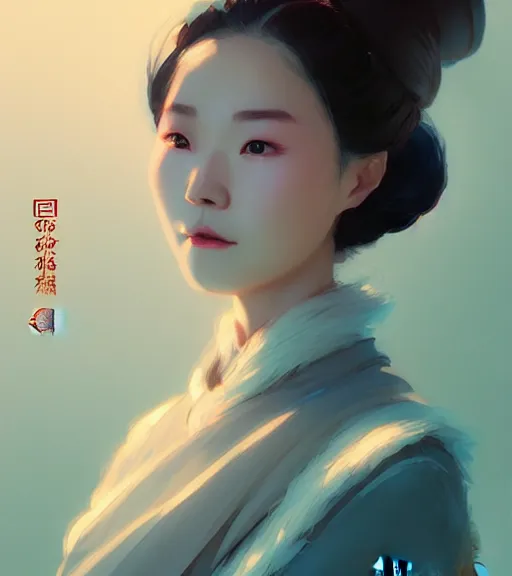 Prompt: portrait of a chinese female immortal in amazing chinese dress 汉 服 by atey ghailan, by greg rutkowski, by greg tocchini, by james gilleard, by joe fenton, by kaethe butcher, dynamic lighting, gradient light blue, brown, blonde cream and white color scheme, grunge aesthetic