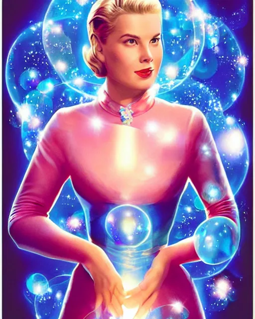 Prompt: drew struzan style movie color poster of grace kelly dressed as sue storm, the invisible woman from the fantastic four, with her hands held up, she is generating an iridescent bubble of particles around her body in the form of a shimmering bubble force field, soft focus, bokeh, 5 0 mm