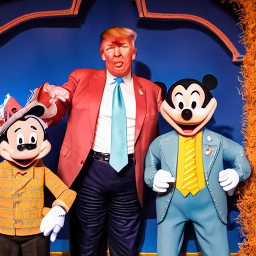 Image similar to donald trump and greg abbott and ron desantis as puppets inside the its a small world ride at disneyland, highly detailed, high definition, ultra realistic